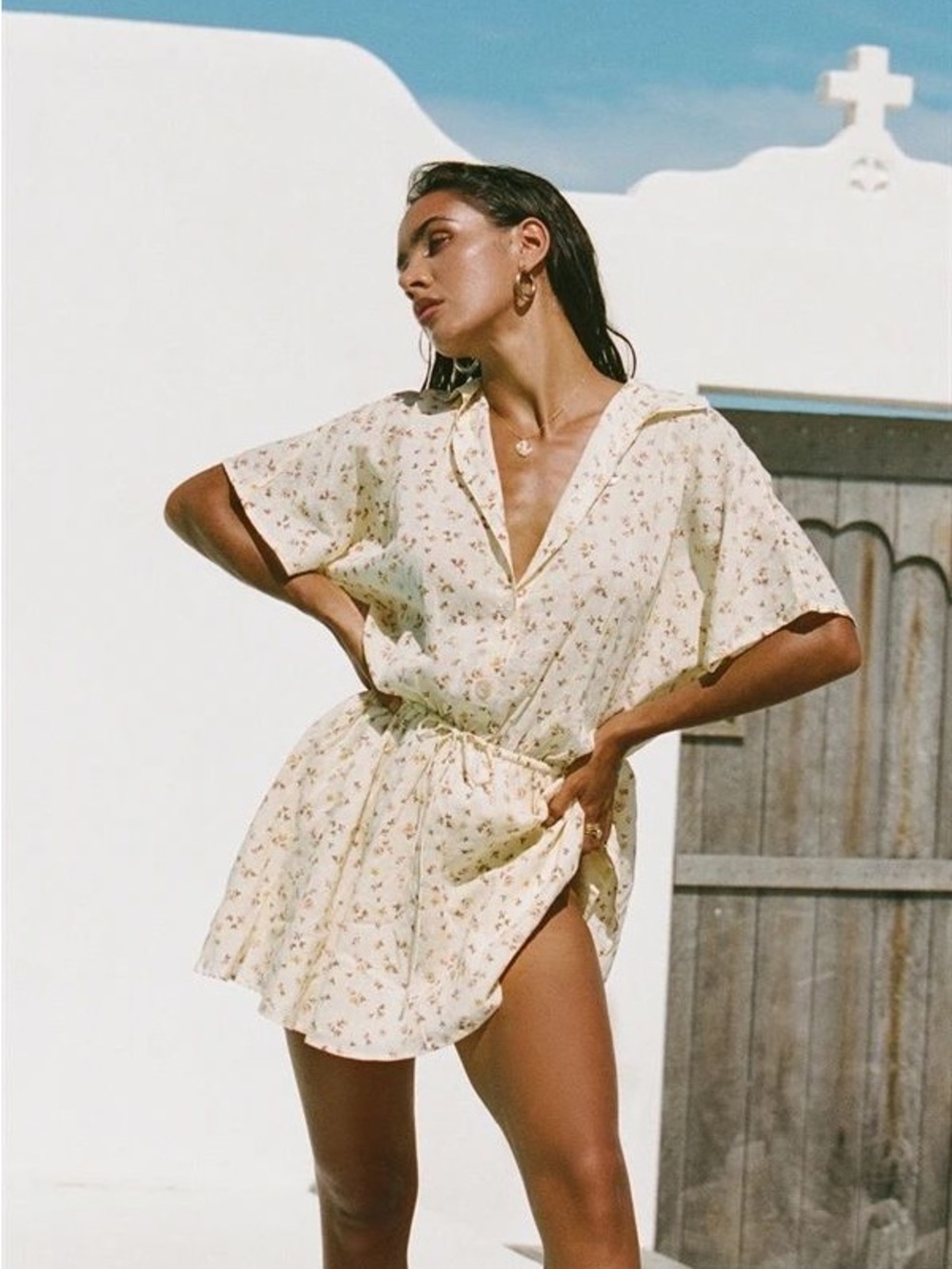 Sabo Skirt Onara Cinched Button-Up Mini Dress in Butter Yellow Floral Size XS/S